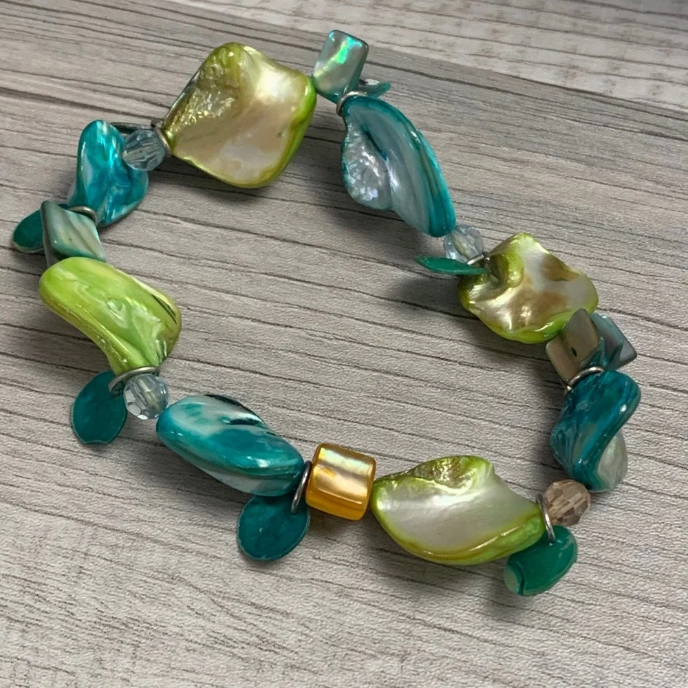 Teal Lime Green Iridescent Shell Shard Stretch Bracelet Coastal Artisan 4614
